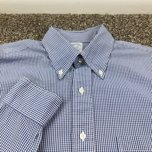 Brooks Brothers Dress Shirt 16.5x34 Blue Micro Gingham Checked Supima Cotton - Picture 1 of 8